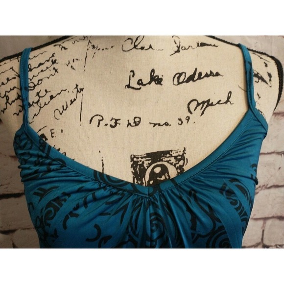 Vintage Teal Peacock Spaghetti Strap Cami Stretch MINI DRESS Size Medium USA - Picture 2 of 7